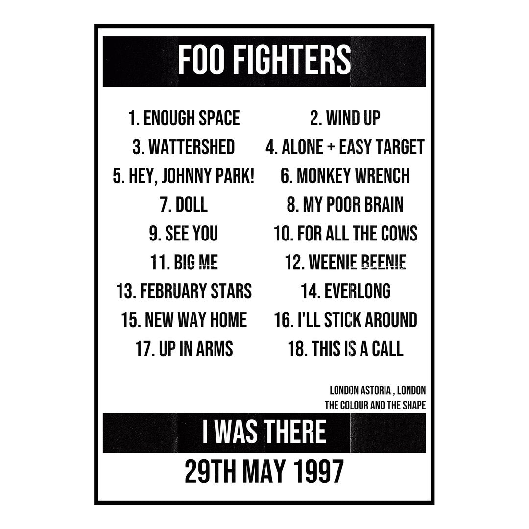 Foo Fighters London 29th May 1997 Setlist poster