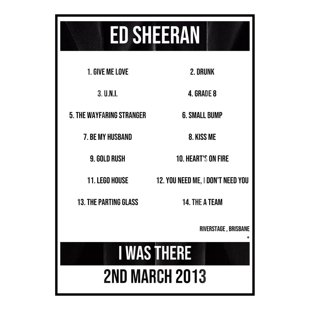 Ed Sheeran Brisbane 2nd March 2013 Setlist poster