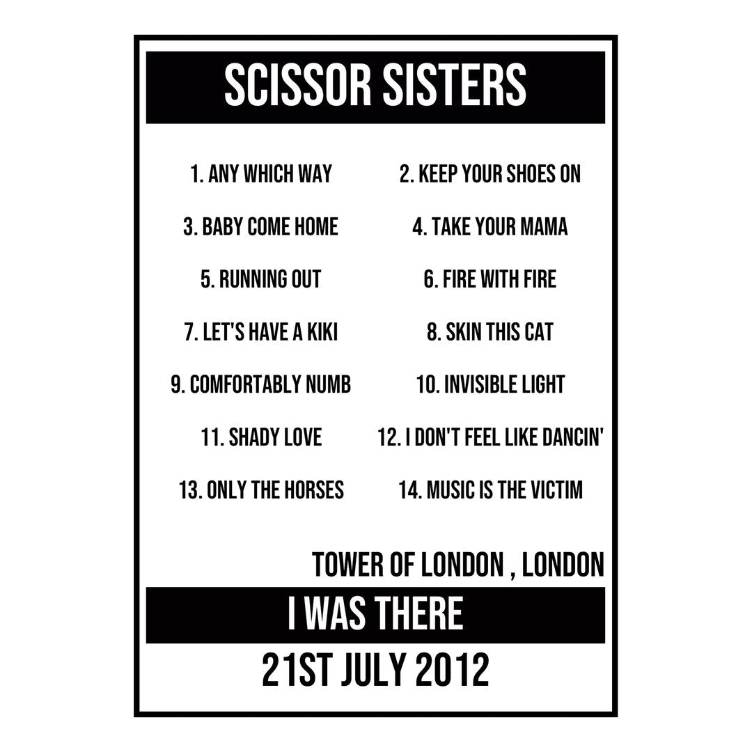 A Setlist Poster Featuring Scissor Sisters Gig from London in 2012