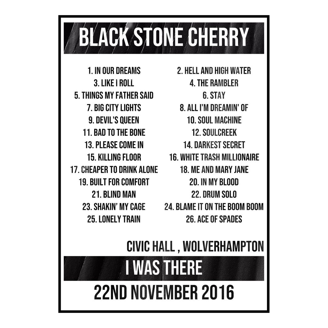 Black Stone Cherry Wolverhampton 22nd November 2016 Setlist poster