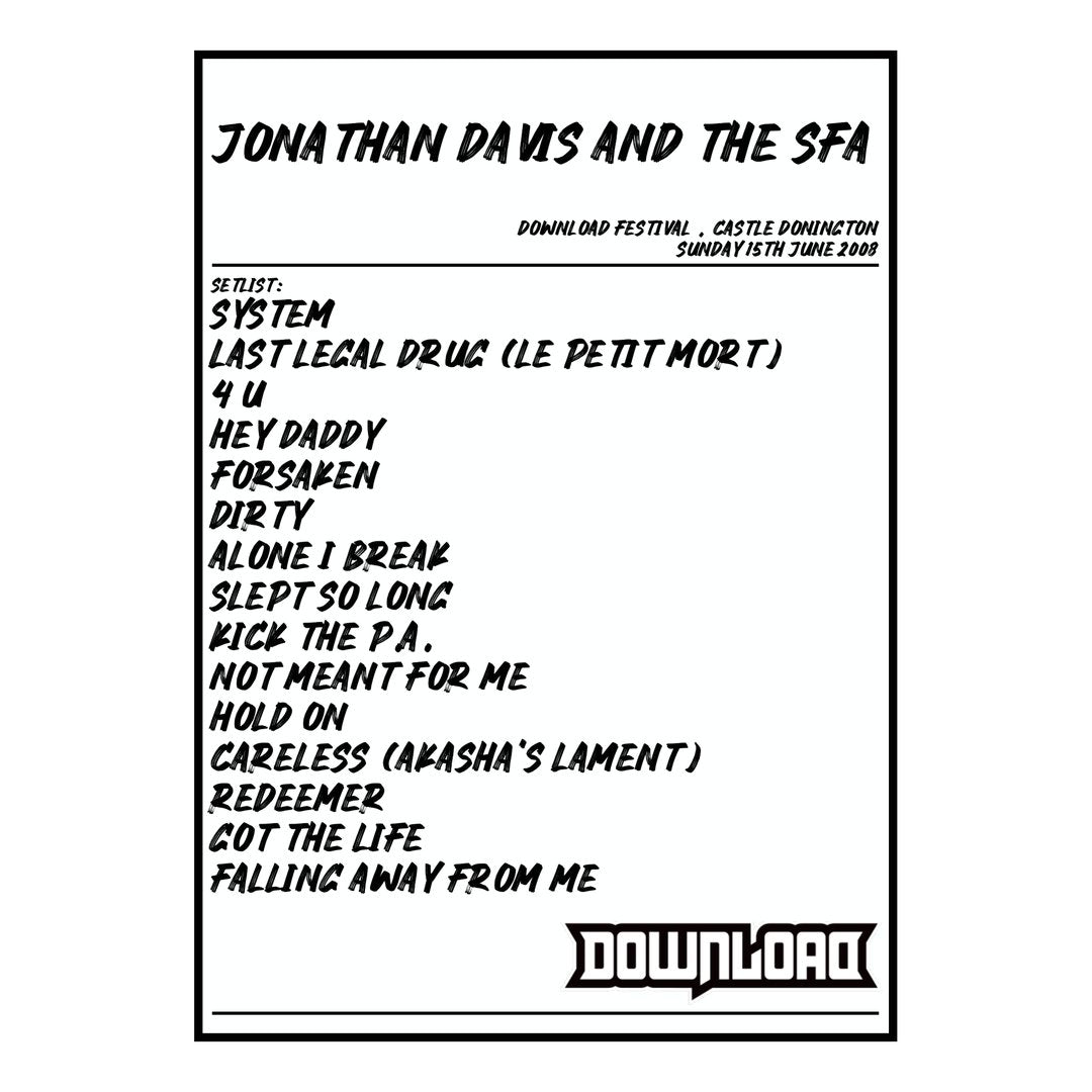 Jonathan Davis and the SFA Castle Donington 15th June 2008 Setlist poster