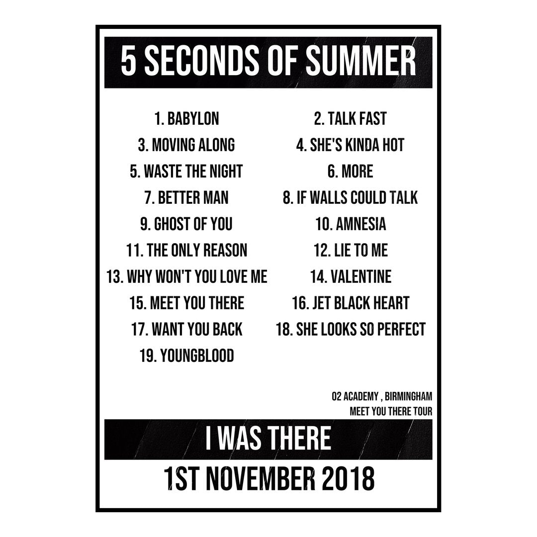 5 Seconds of Summer Birmingham 1st November 2018 Setlist poster