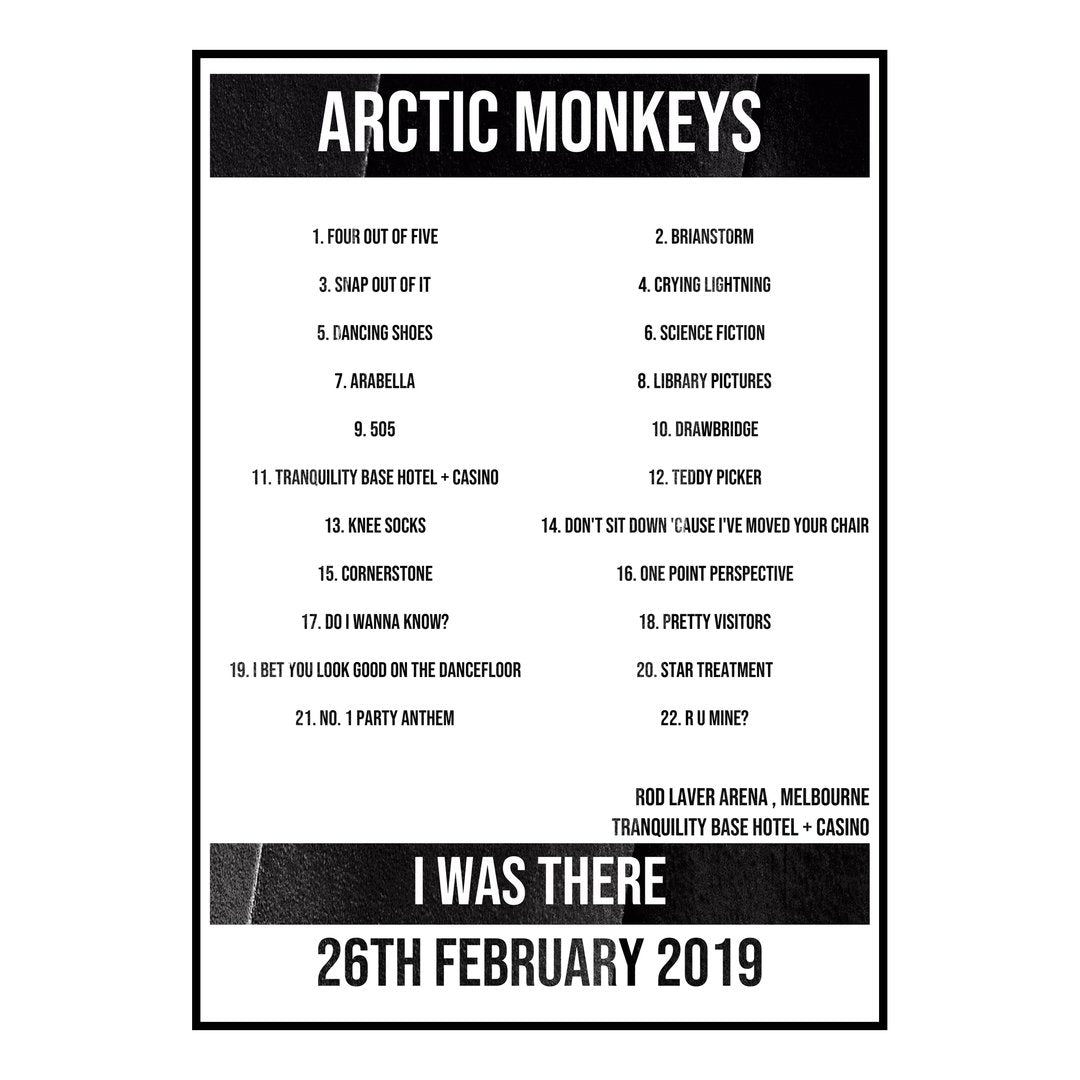 Arctic Monkeys Melbourne 26th February 2019 Setlist poster