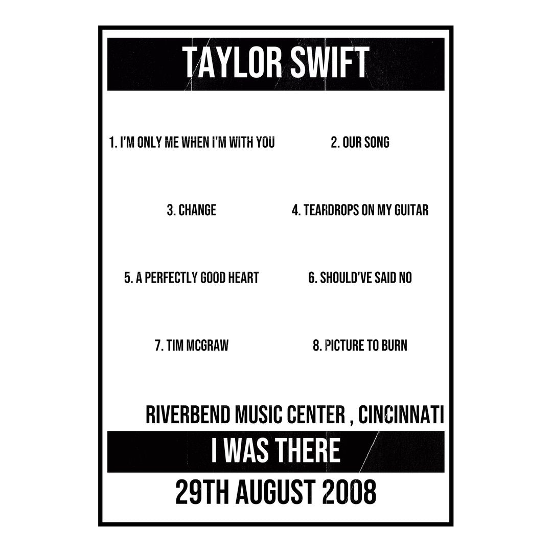 Taylor Swift Cincinnati 29th August 2008 Setlist poster