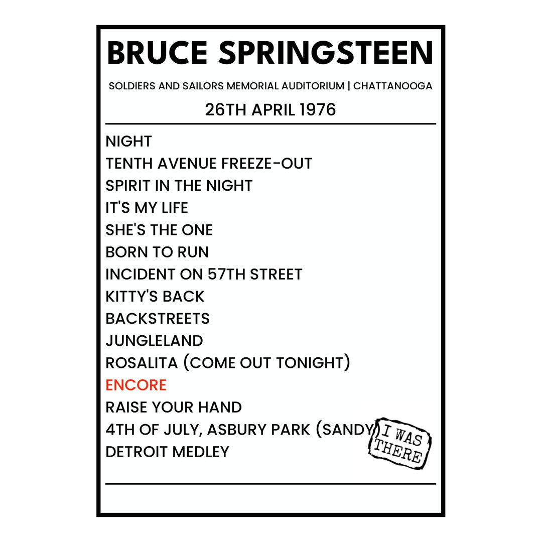 Bruce Springsteen Chattanooga 26th April 1976 Setlist poster