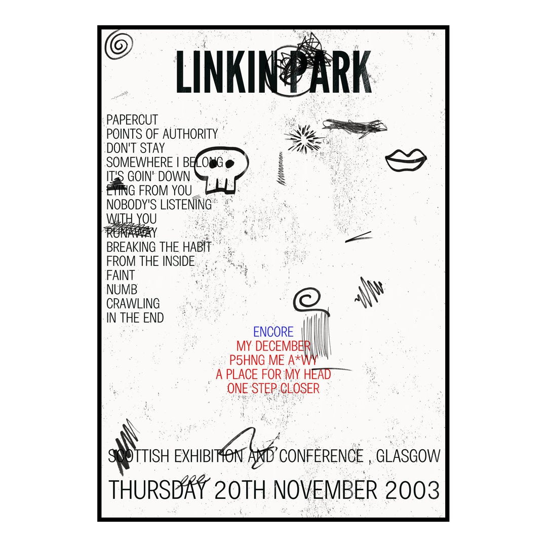 Linkin Park Glasgow 20th November 2003 Setlist poster
