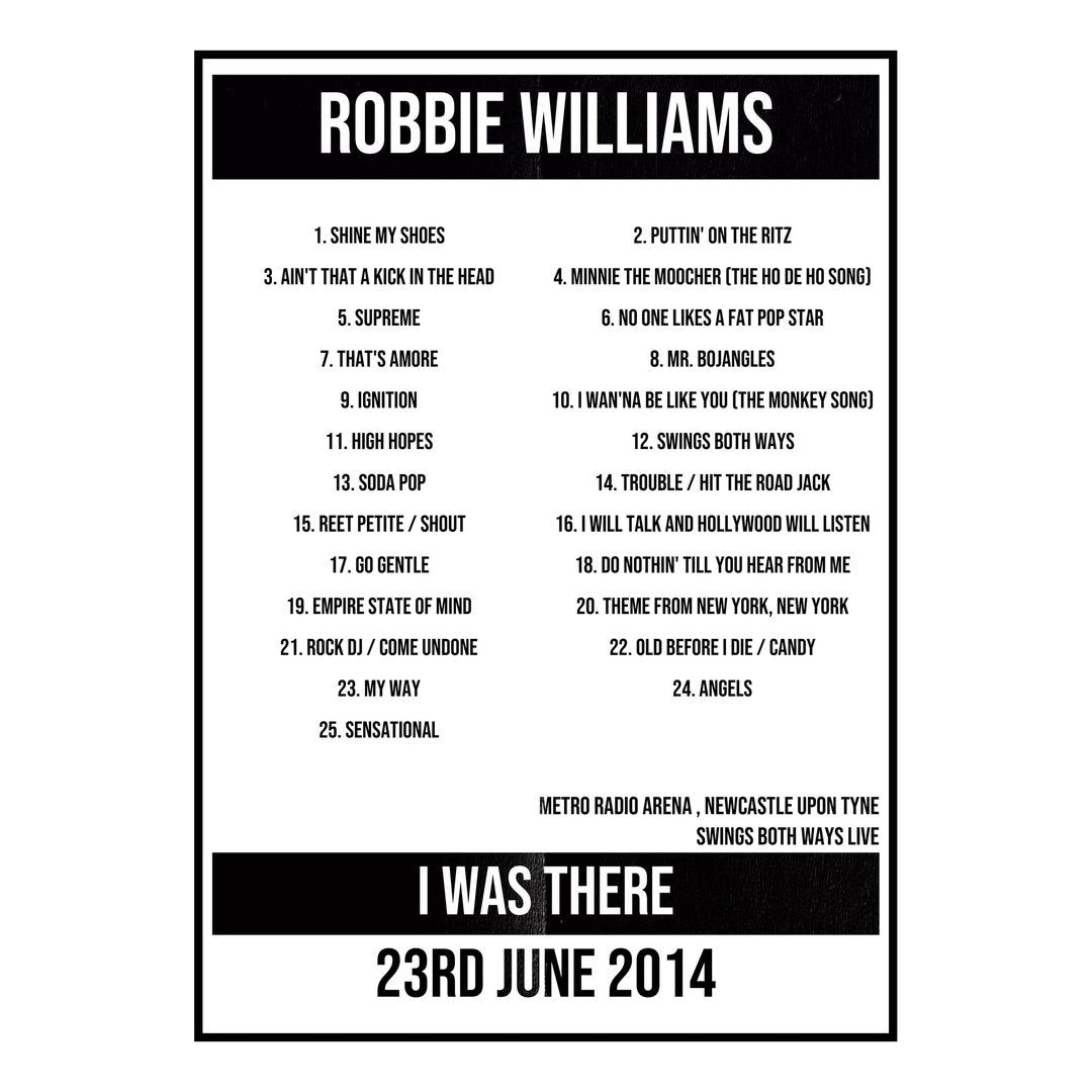 Robbie Williams Newcastle upon Tyne 23rd June 2014 Setlist poster