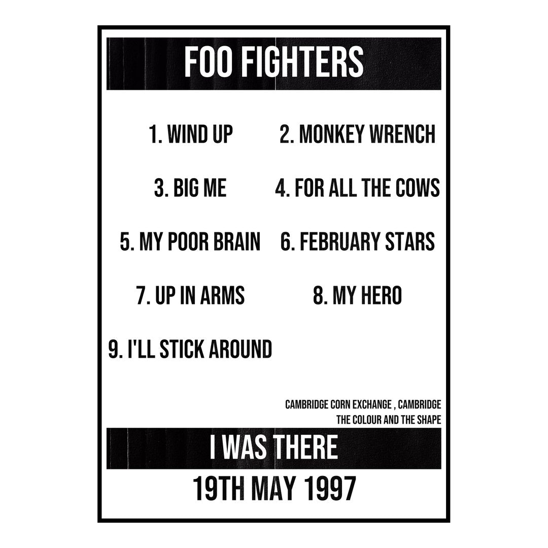 Foo Fighters Cambridge 19th May 1997 Setlist poster