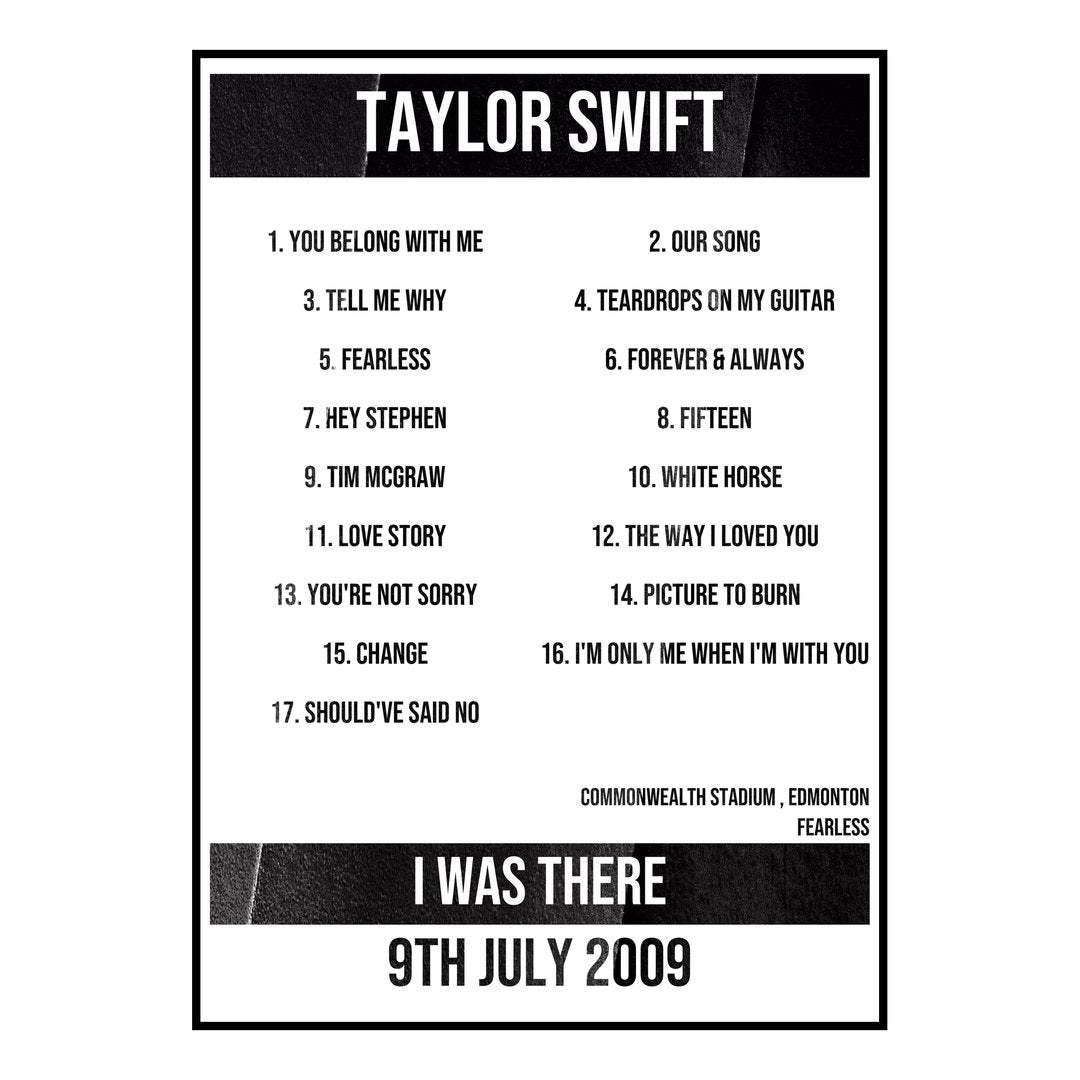 Taylor Swift Edmonton 9th July 2009 Setlist poster