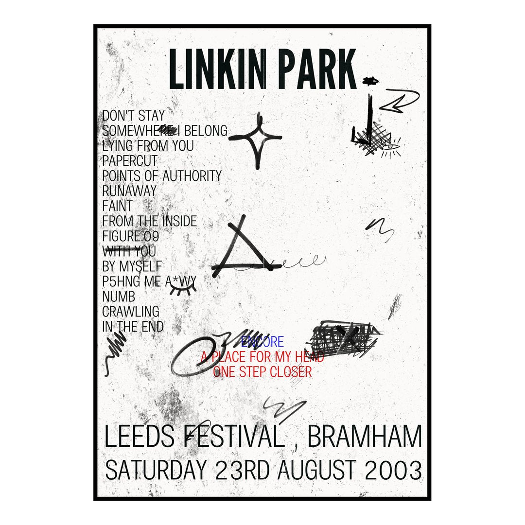 Linkin Park Bramham 23rd August 2003 Setlist poster