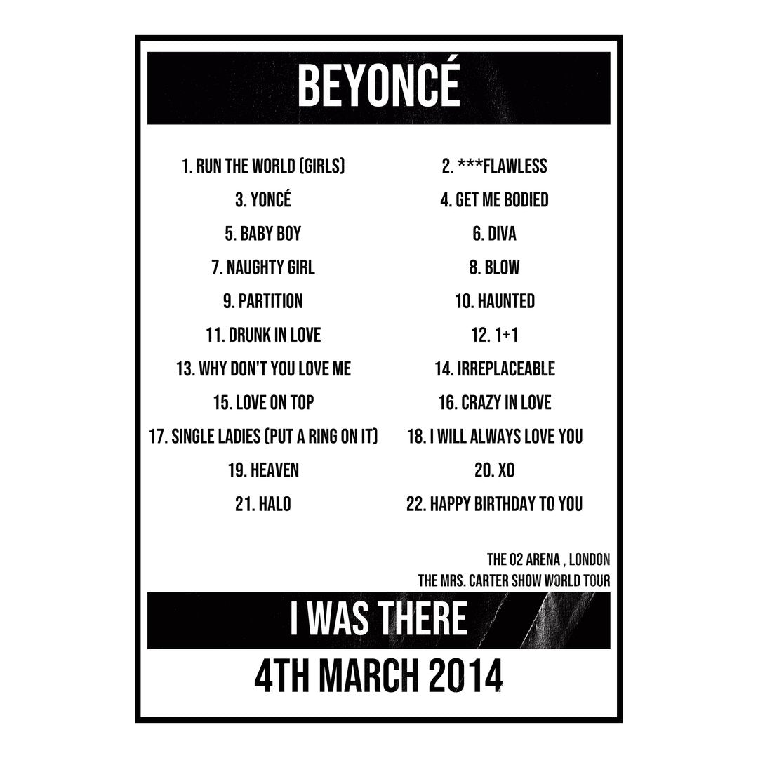 Beyoncé London 4th March 2014 Setlist poster