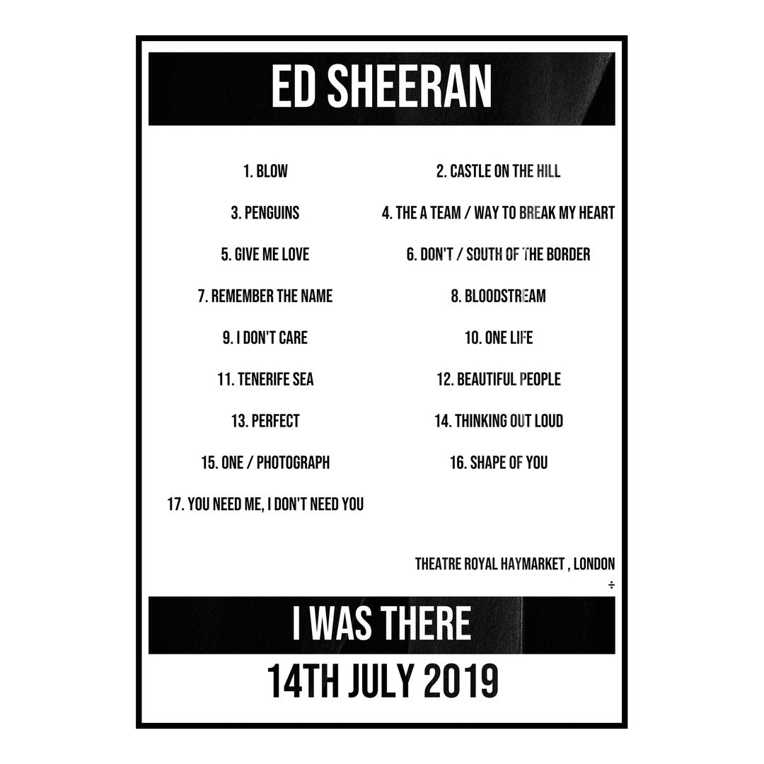 Ed Sheeran London 14th July 2019 Setlist poster