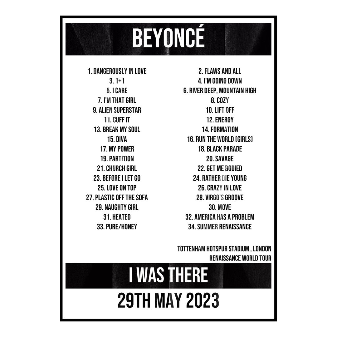Beyoncé London 29th May 2023 Setlist poster