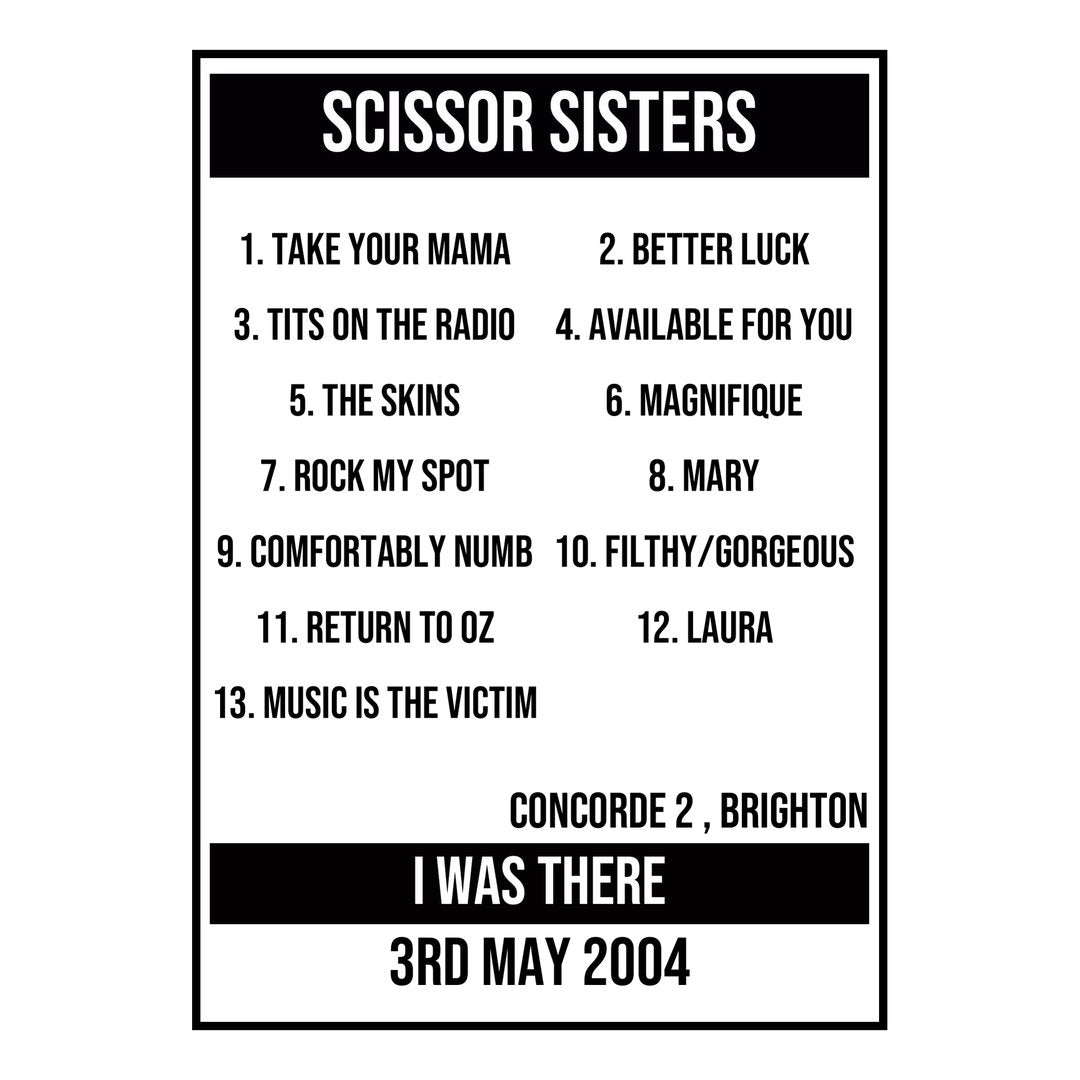 A Setlist Poster Featuring Scissor Sisters Gig from Brighton in 2004