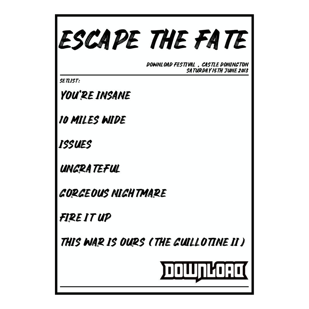 Escape the Fate Castle Donington 15th June 2013 Setlist poster