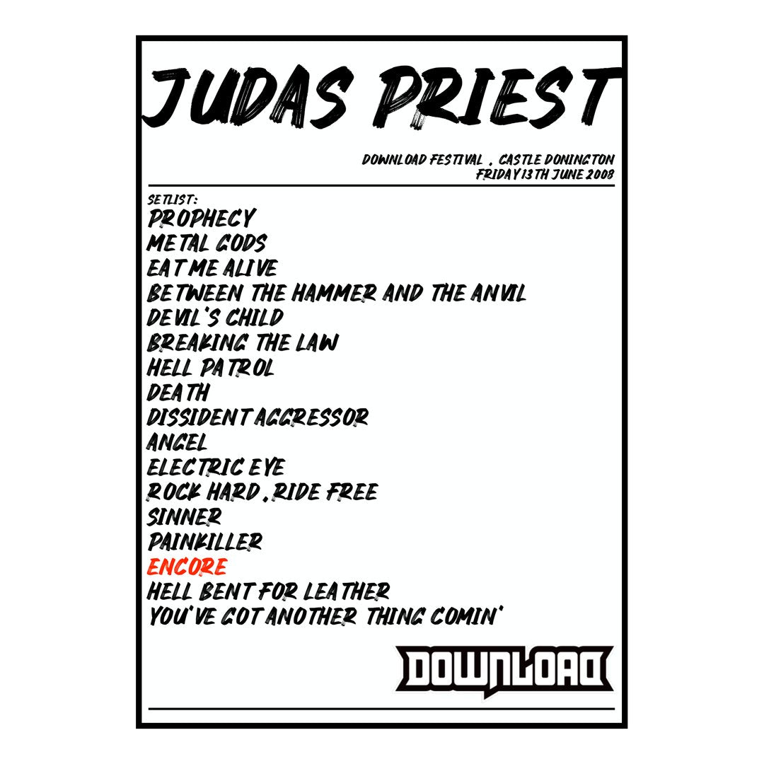 Judas Priest Castle Donington 13th June 2008 Setlist poster