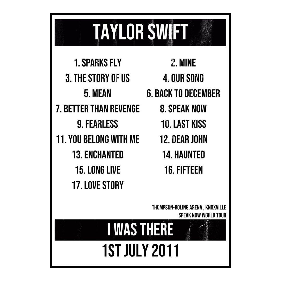 Taylor Swift Knoxville 1st July 2011 Setlist poster