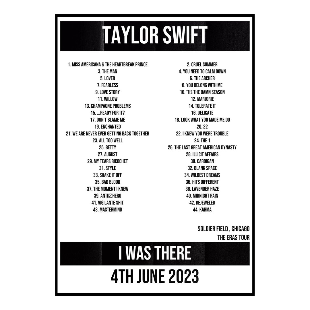 Taylor Swift Chicago 4th June 2023 Setlist poster