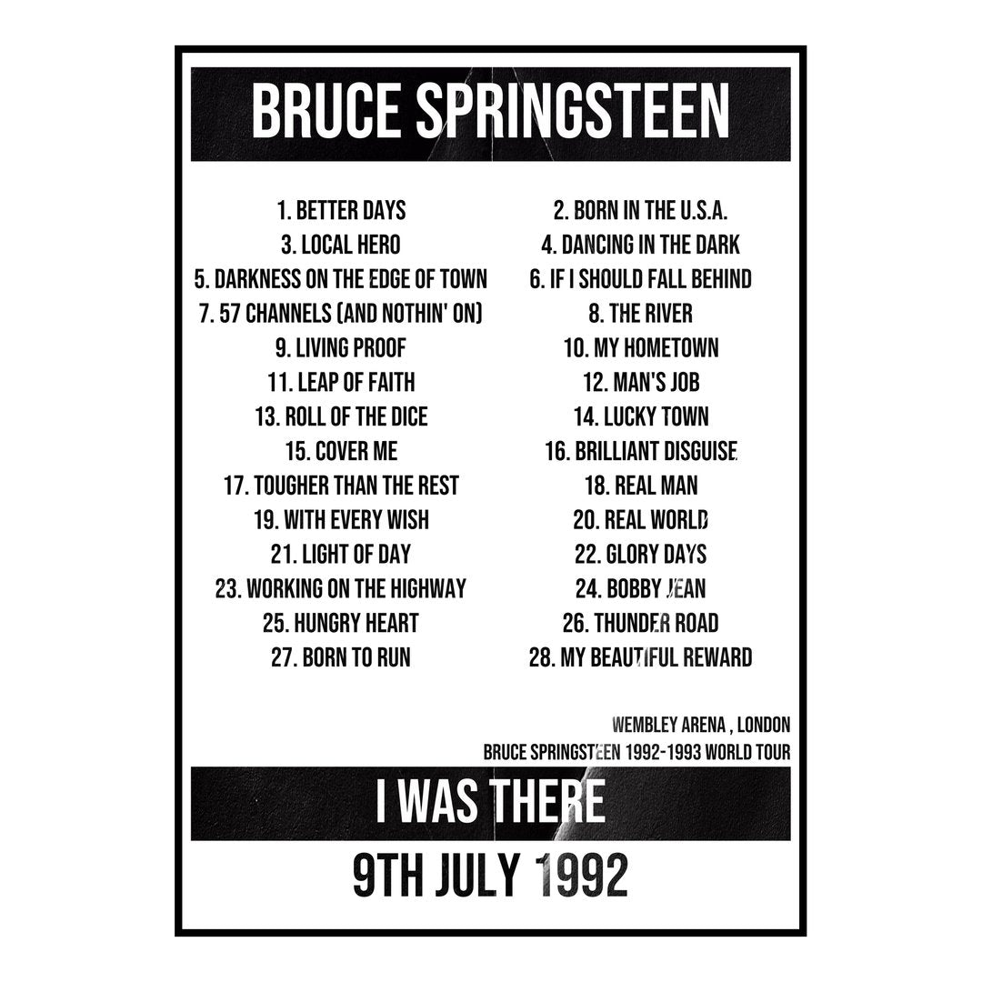 Bruce Springsteen London 9th July 1992 Setlist poster