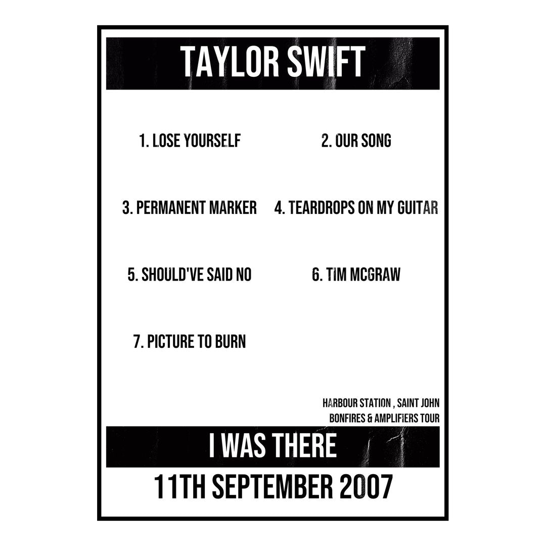 Taylor Swift Saint John 11th September 2007 Setlist poster