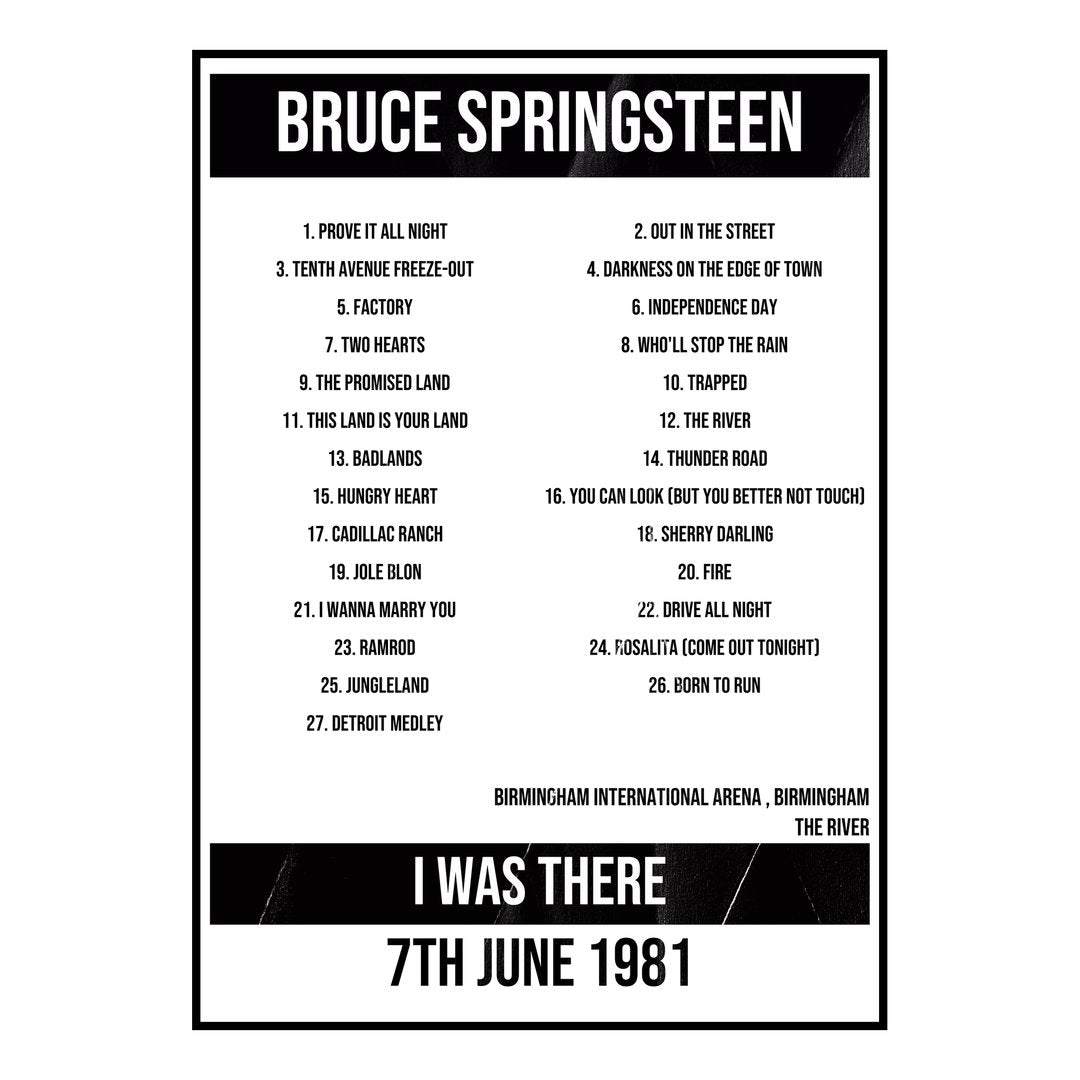 Bruce Springsteen Birmingham 7th June 1981 Setlist poster
