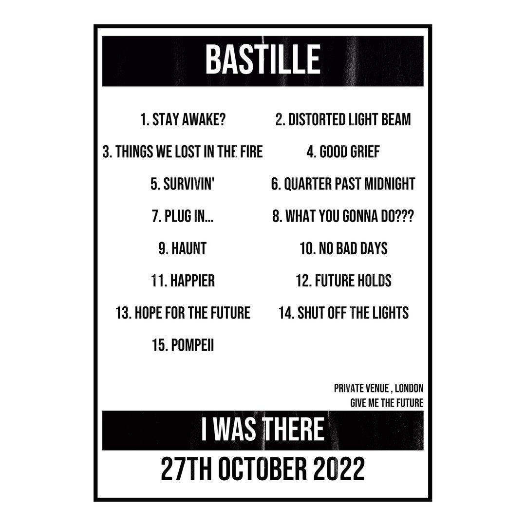 Bastille London 27th October 2022 Setlist poster