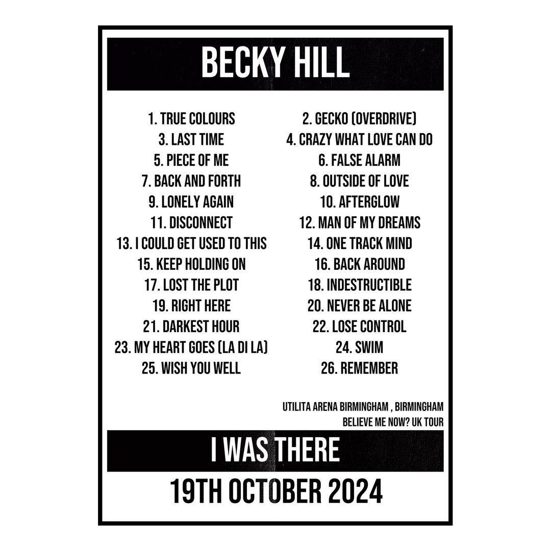 Becky Hill Birmingham 19th October 2024 Setlist poster