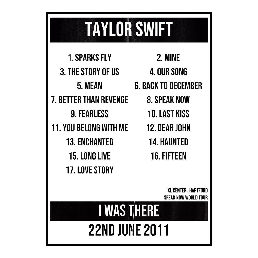 Taylor Swift Hartford 22nd June 2011 Setlist poster