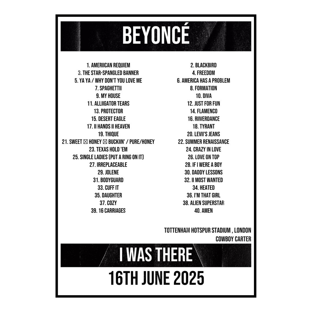 Beyoncé London 16th June 2025 Setlist poster