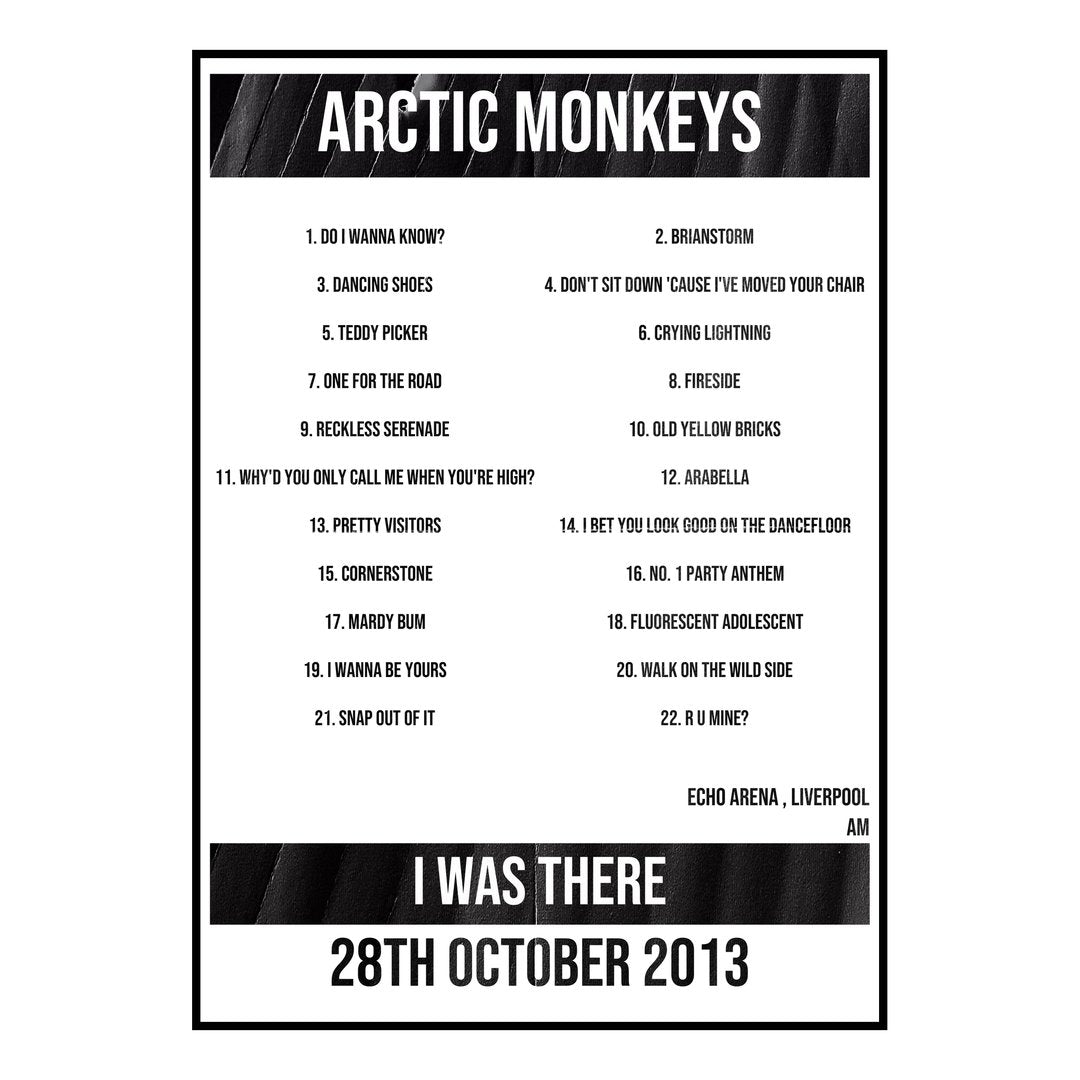 Arctic Monkeys Liverpool 28th October 2013 Setlist poster