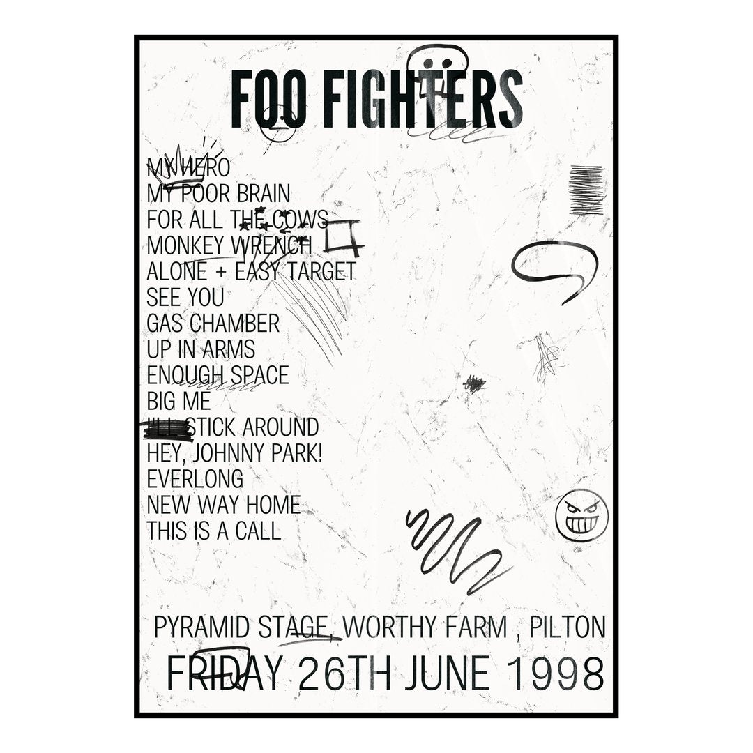 Foo Fighters Pilton 26th June 1998 Setlist poster