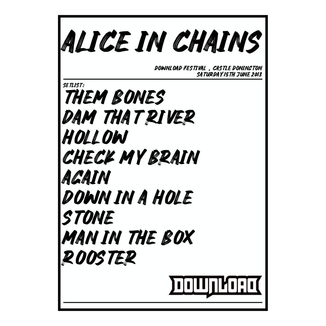 Alice in Chains Castle Donington 15th June 2013 Setlist poster