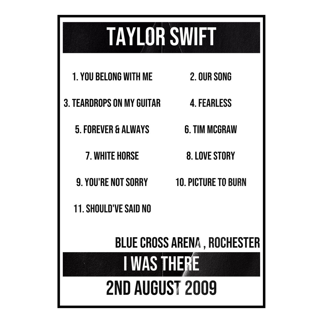 Taylor Swift Rochester 2nd August 2009 Setlist poster