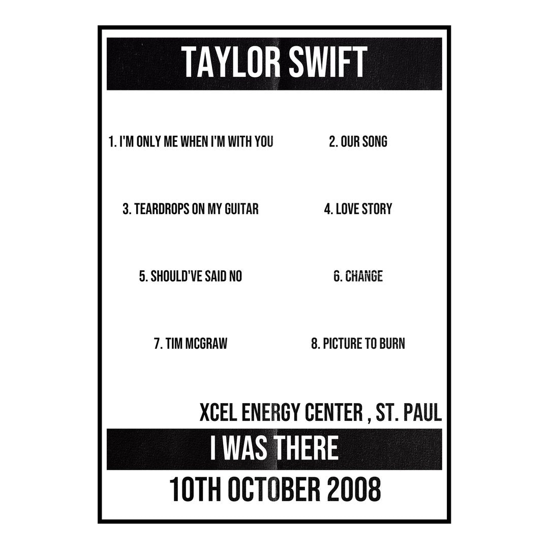 Taylor Swift St. Paul 10th October 2008 Setlist poster