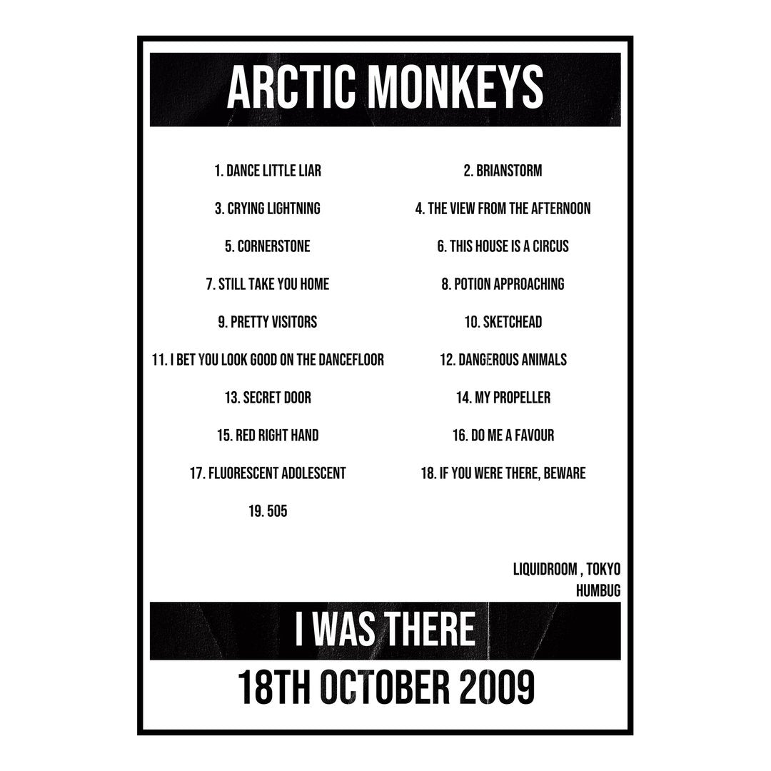 Arctic Monkeys Tokyo 18th October 2009 Setlist poster