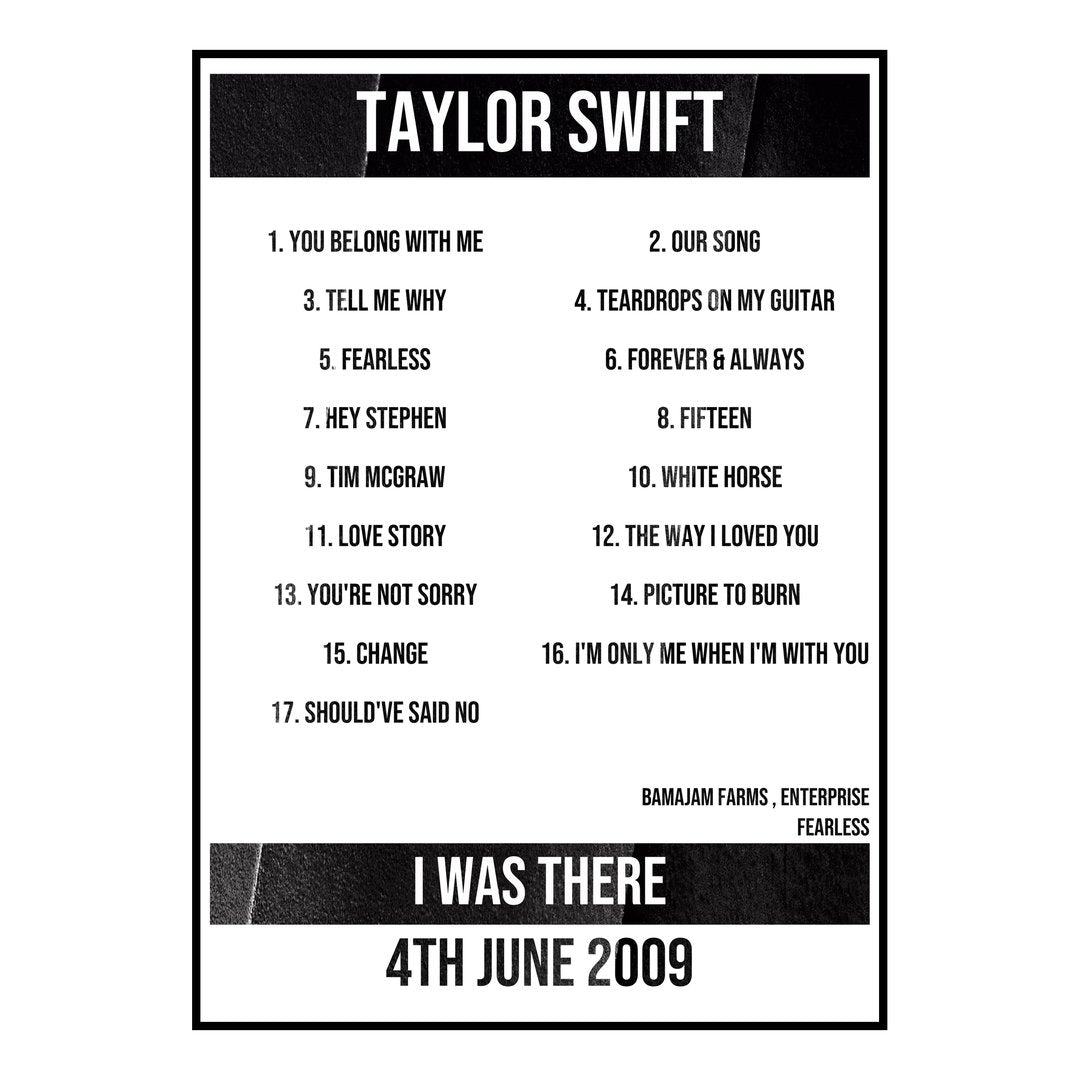 Taylor Swift Enterprise 4th June 2009 Setlist poster