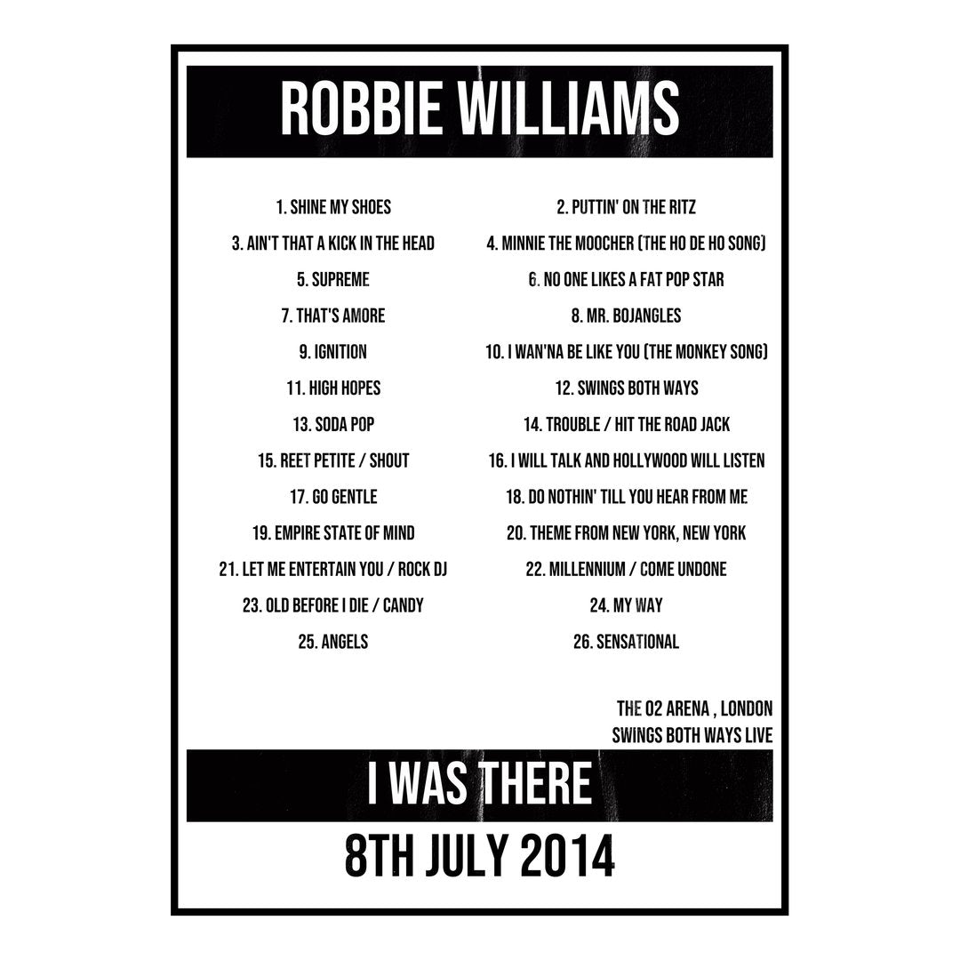 Robbie Williams London 8th July 2014 Setlist poster