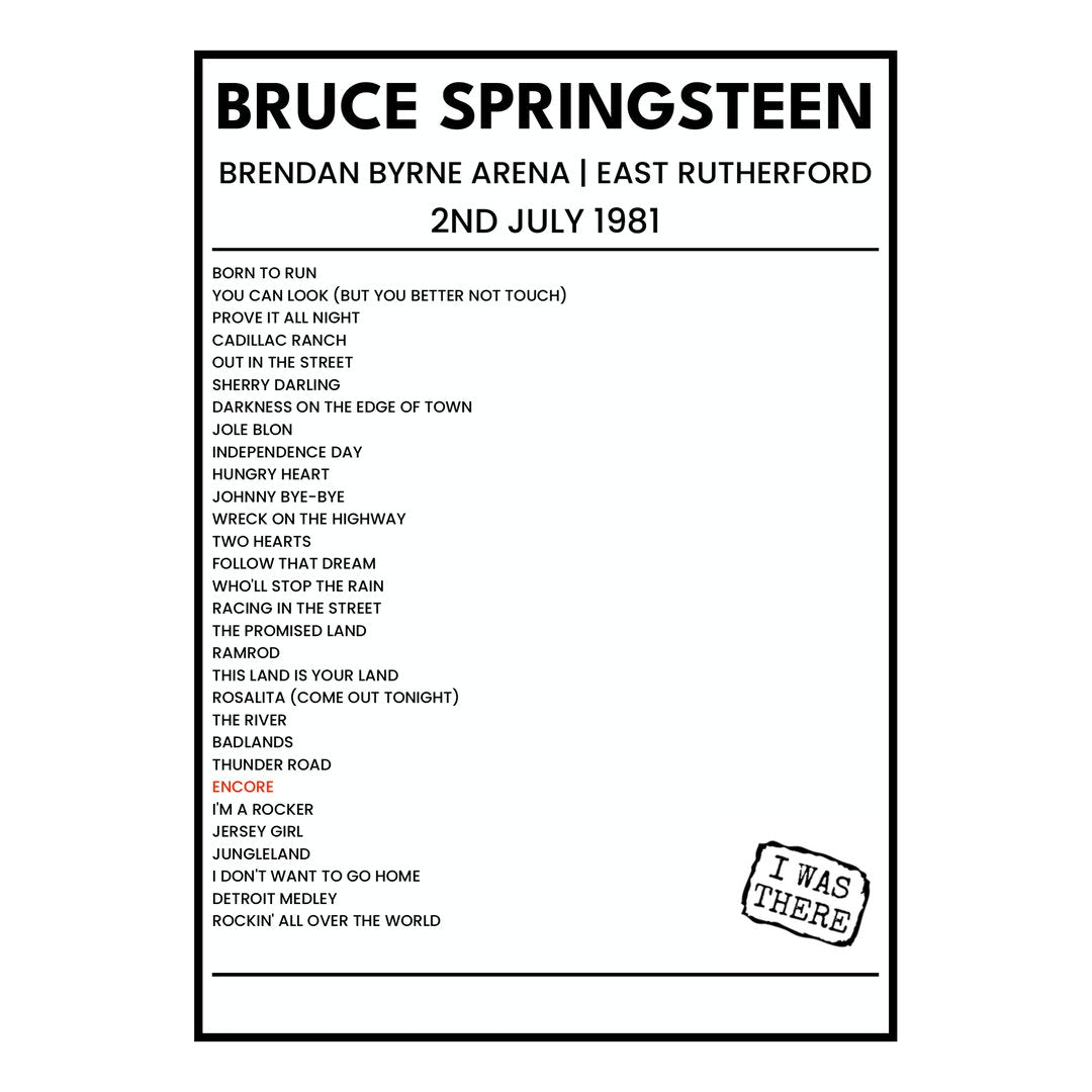 Bruce Springsteen East Rutherford 2nd July 1981 Setlist poster