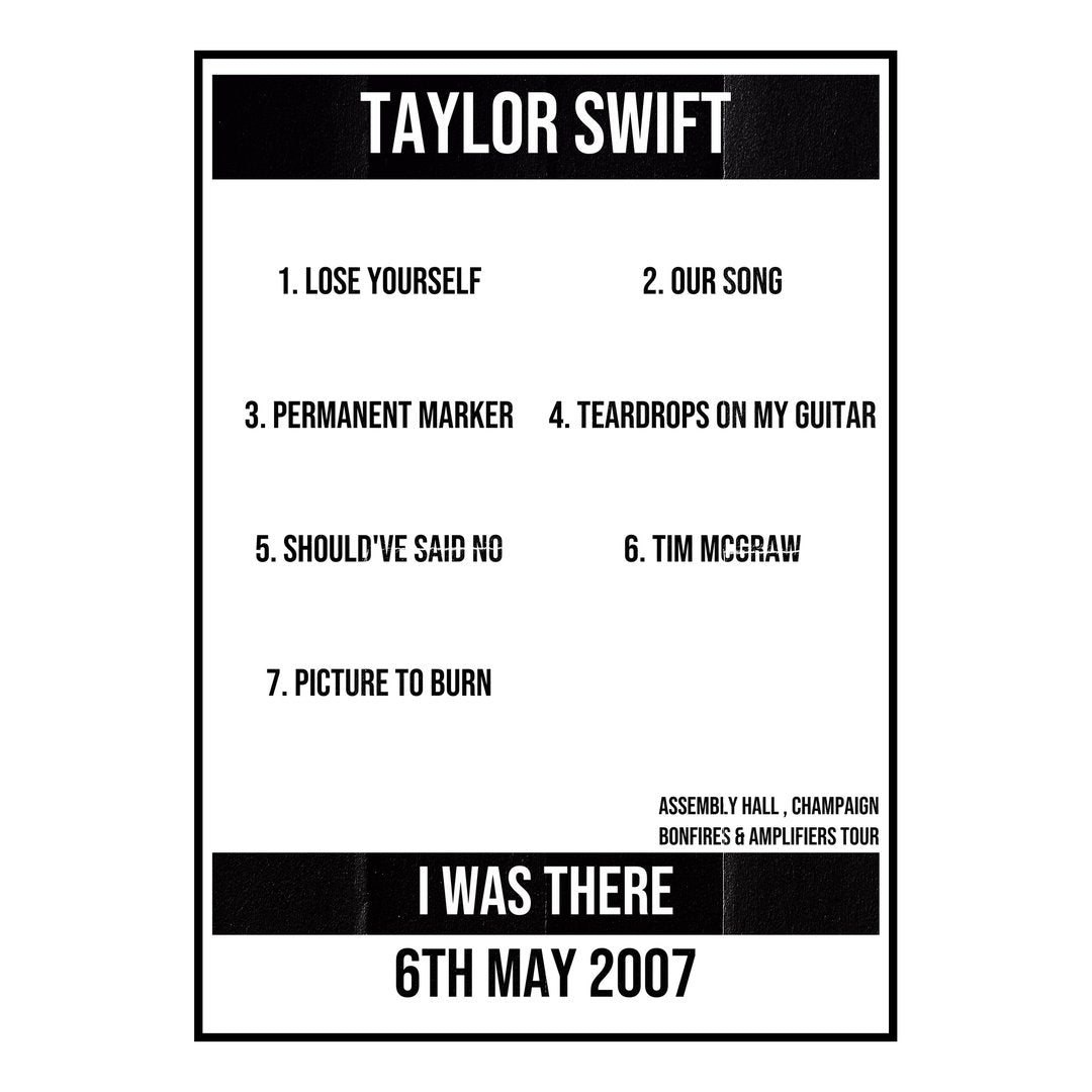 Taylor Swift Champaign 6th May 2007 Setlist poster