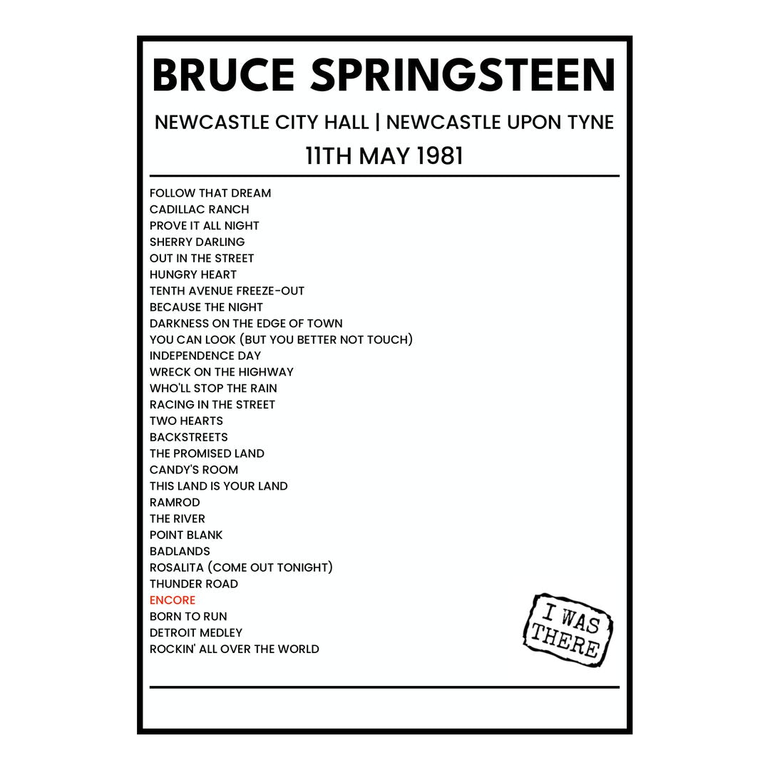 Bruce Springsteen Newcastle upon Tyne 11th May 1981 Setlist poster
