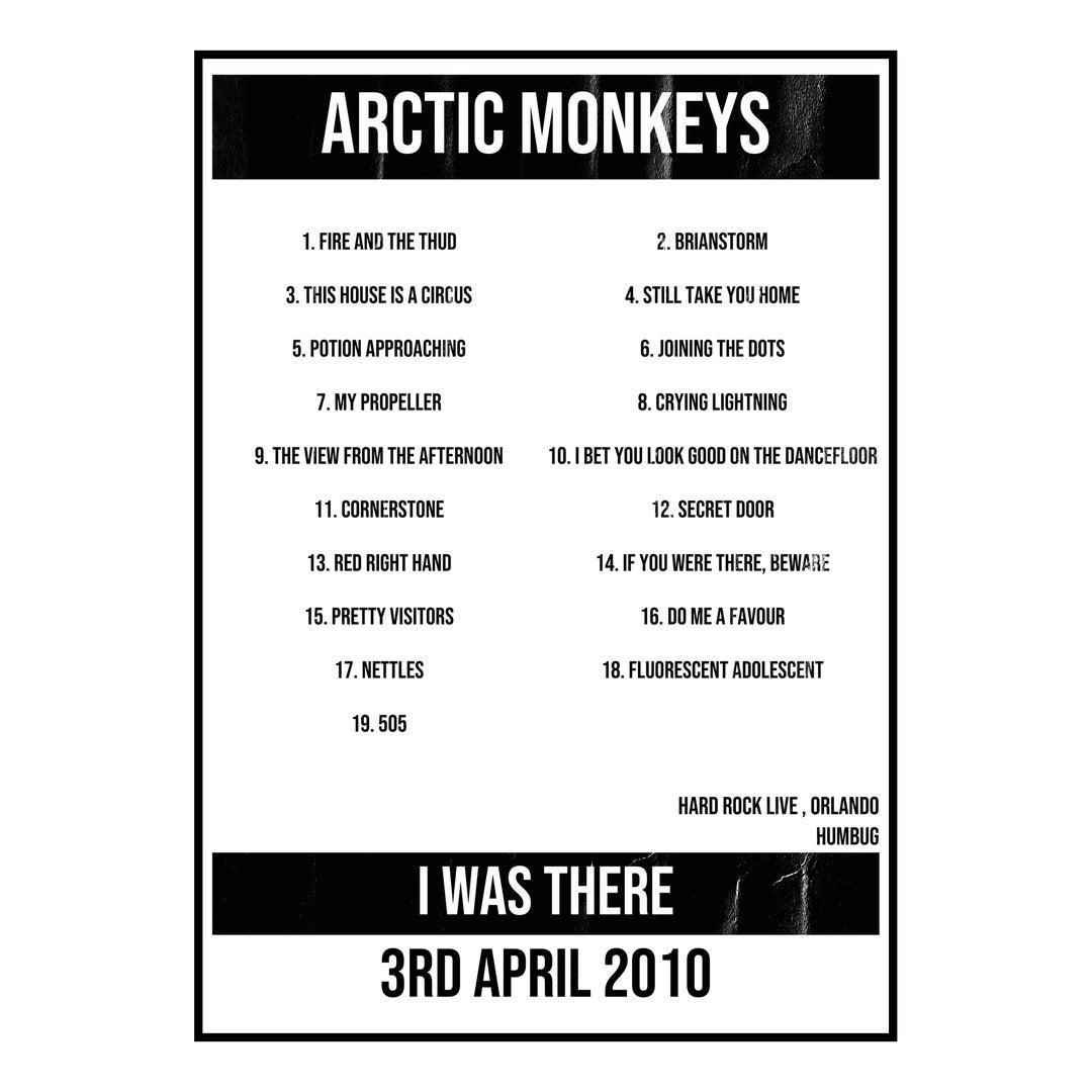 Arctic Monkeys Orlando 3rd April 2010 Setlist poster