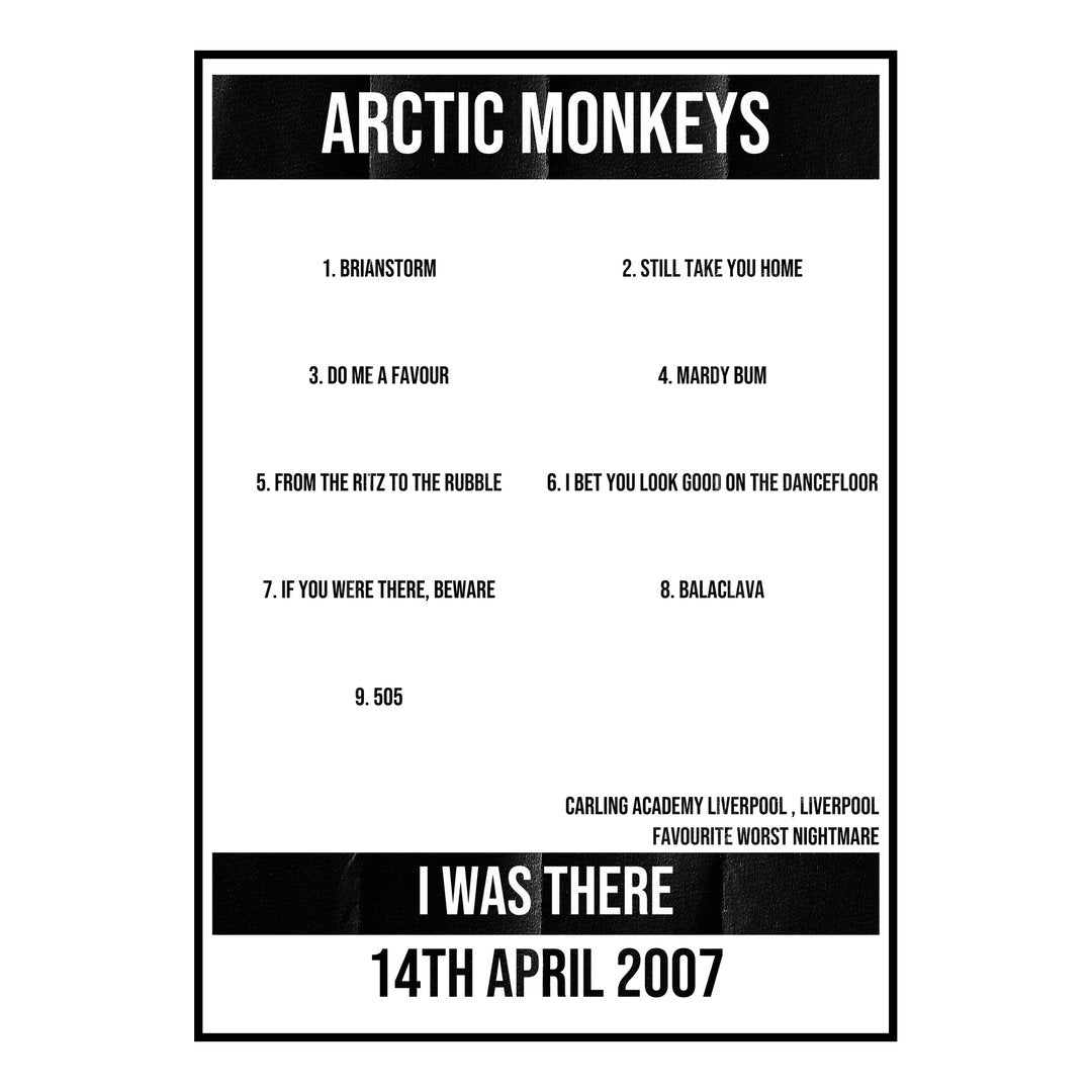 Arctic Monkeys Liverpool 14th April 2007 Setlist poster