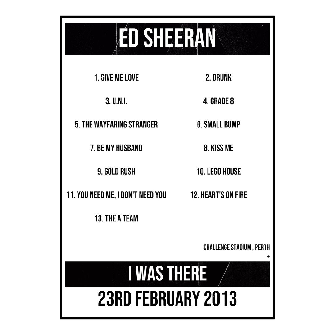 Ed Sheeran Perth 23rd February 2013 Setlist poster