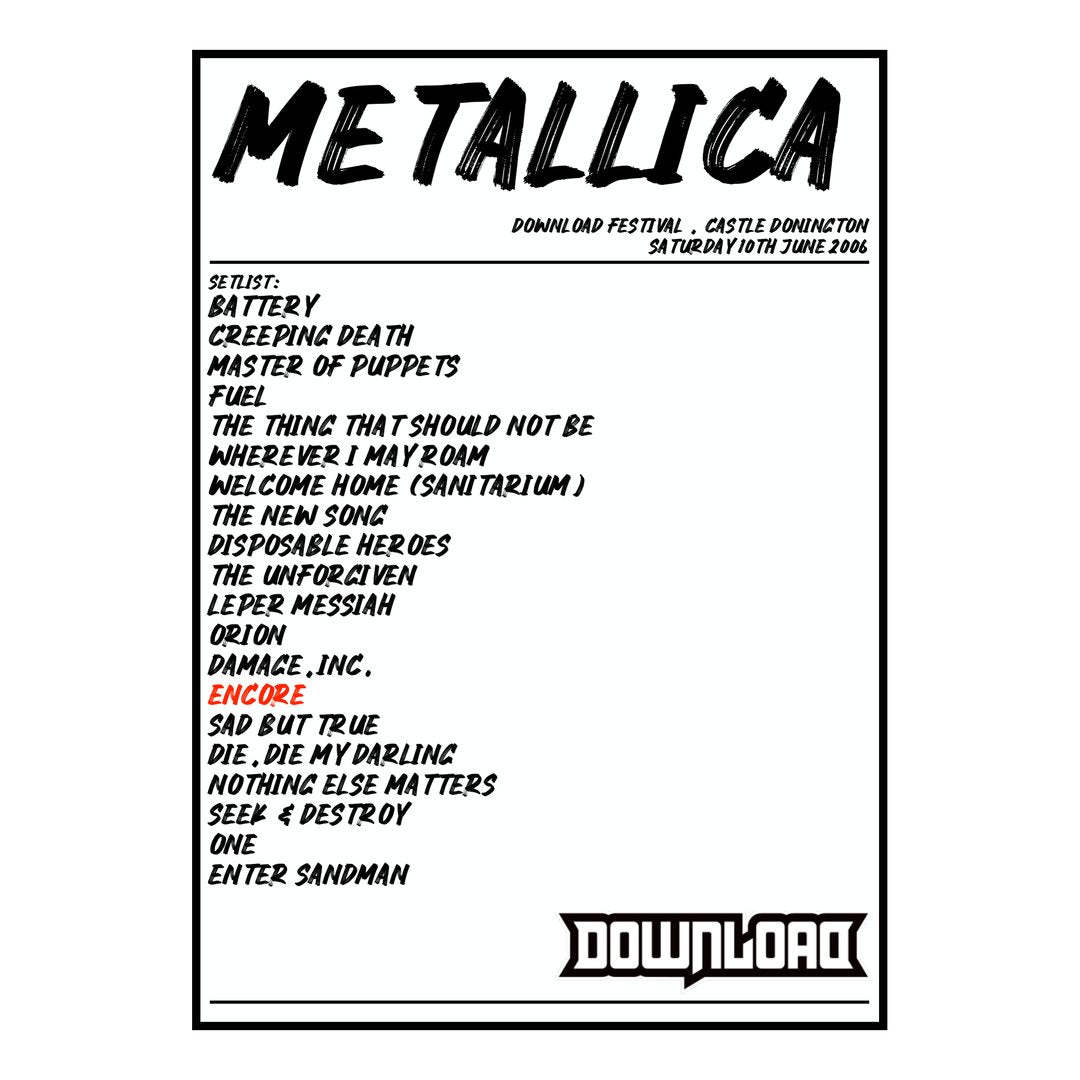 Metallica Castle Donington 10th June 2006 Setlist poster