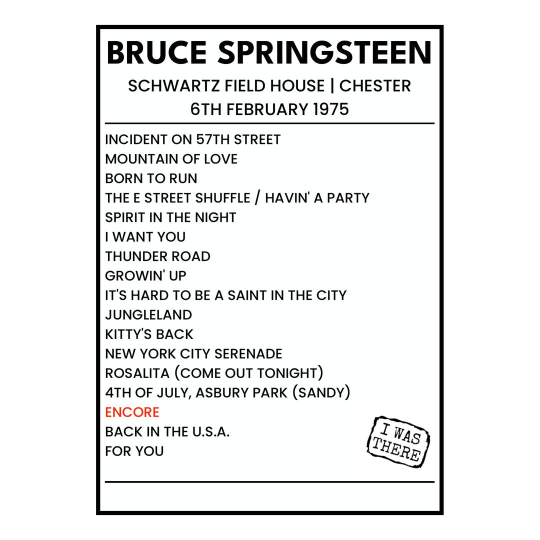 Bruce Springsteen Chester 6th February 1975 Setlist poster