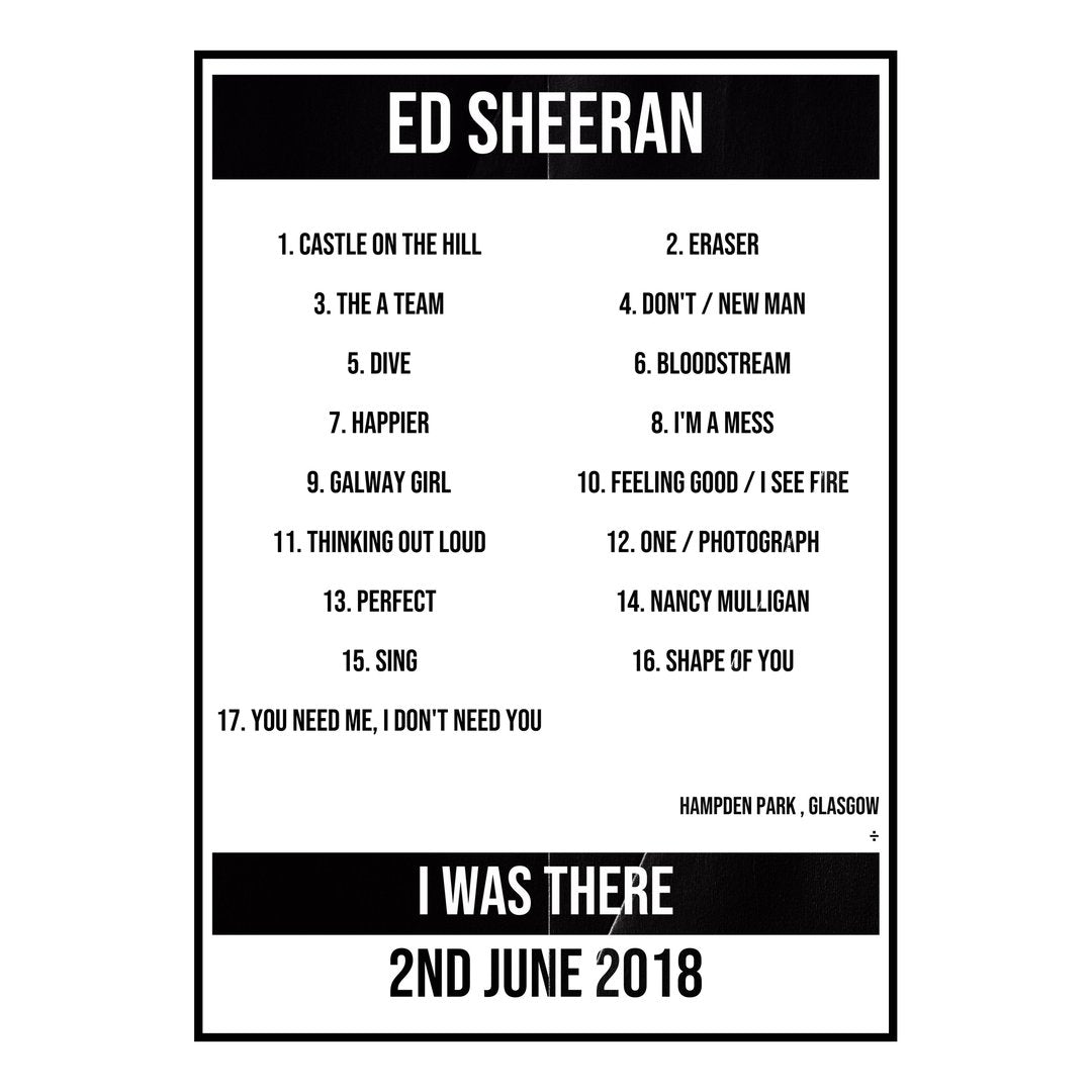 Ed Sheeran Glasgow 2nd June 2018 Setlist poster