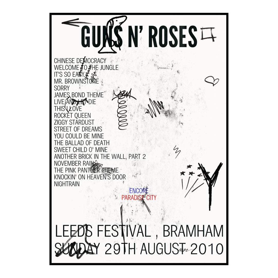 Guns N’ Roses Bramham 29th August 2010 Setlist poster