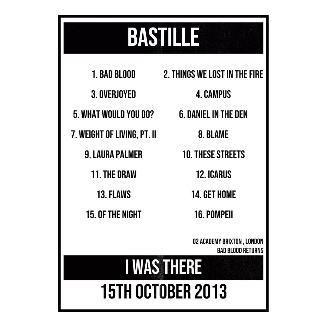 Bastille London 15th October 2013 Setlist poster