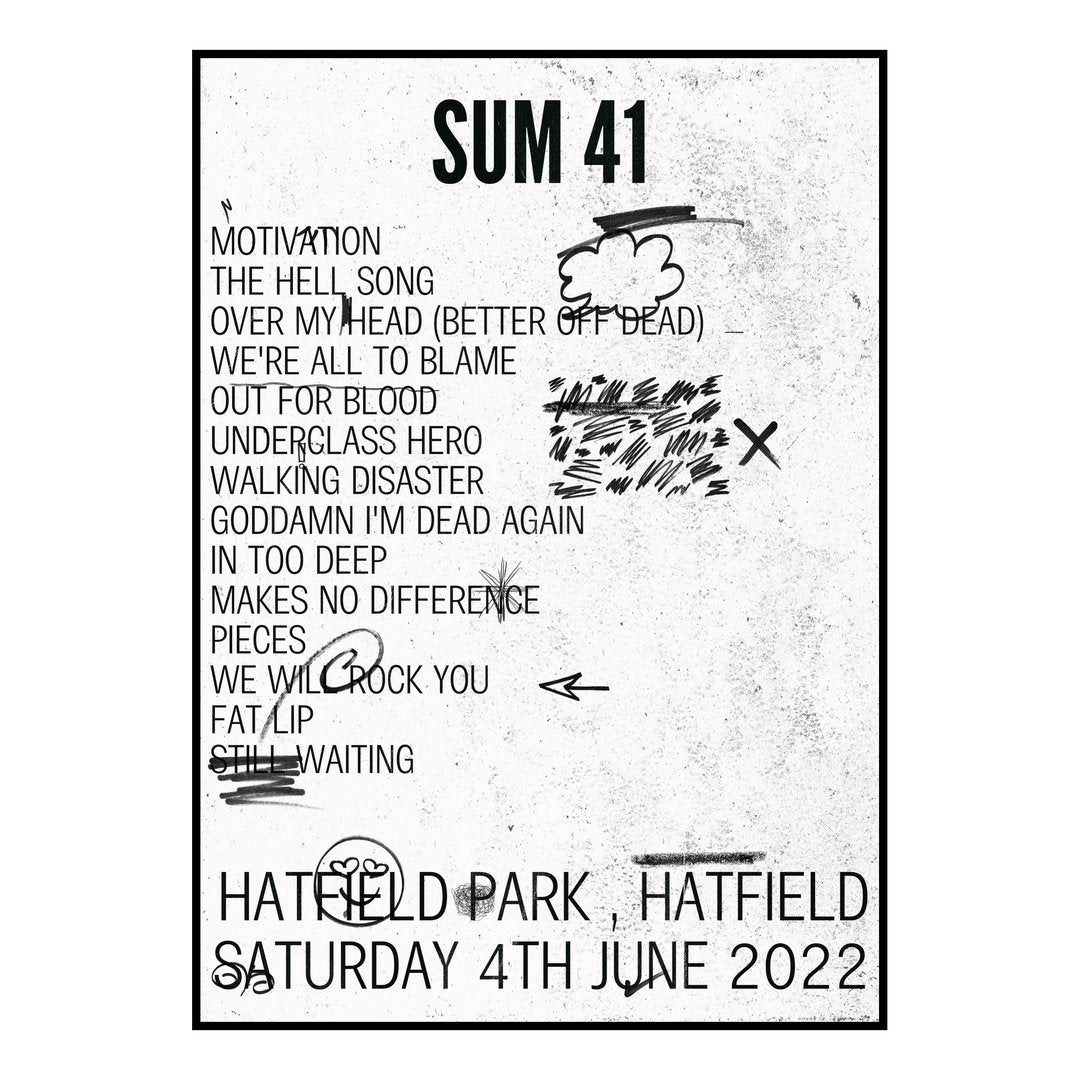 Sum 41 Hatfield 4th June 2022 Setlist poster