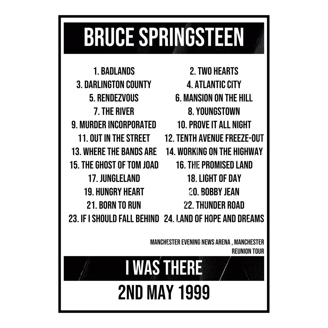 Bruce Springsteen Manchester 2nd May 1999 Setlist poster